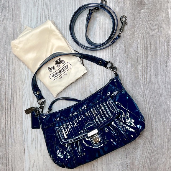 Coach Poppy Liquid Gloss Navy Blue Patent Leather Shoulder Bag G1169-18671 - Picture 1 of 16